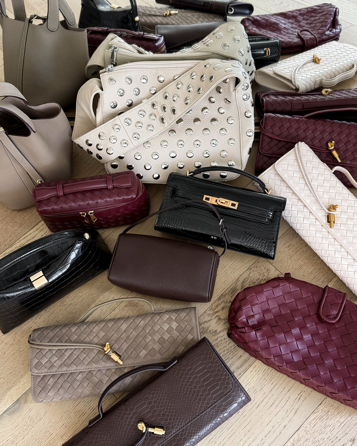A neutral handbag styled with an everyday outfit