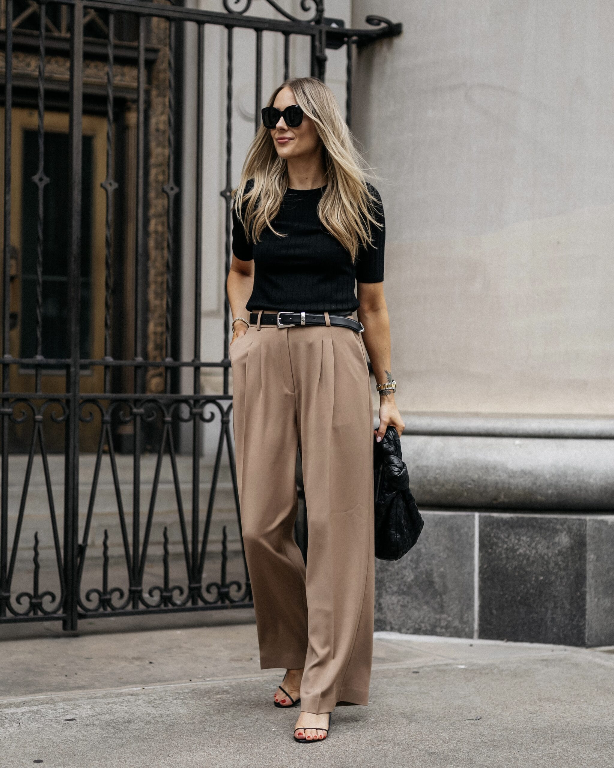 Black tank with flowing taupe trousers